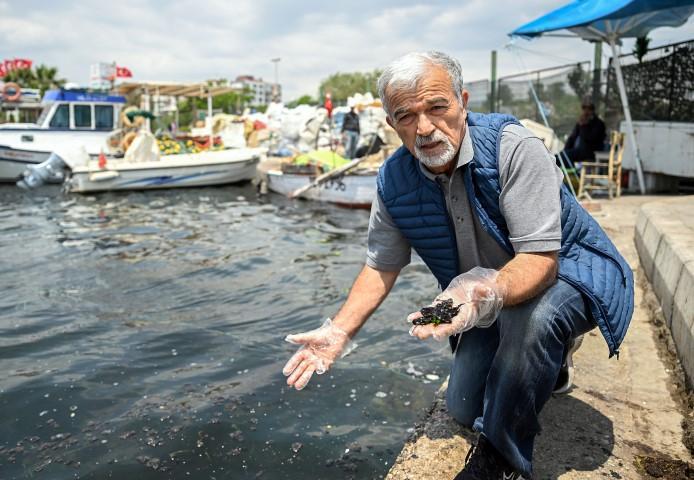 Türkiye Tabiatını Koruma Derneği Bilim Danışmanı Erol Kesici (fotoğrafta), İzmir Körfezi'nde kirlilik nedeniyle müsilaj (deniz salyası) oluşumunu incelemek üzere numune aldı. ( Mahmut Serdar Alakuş - Anadolu Ajansı )